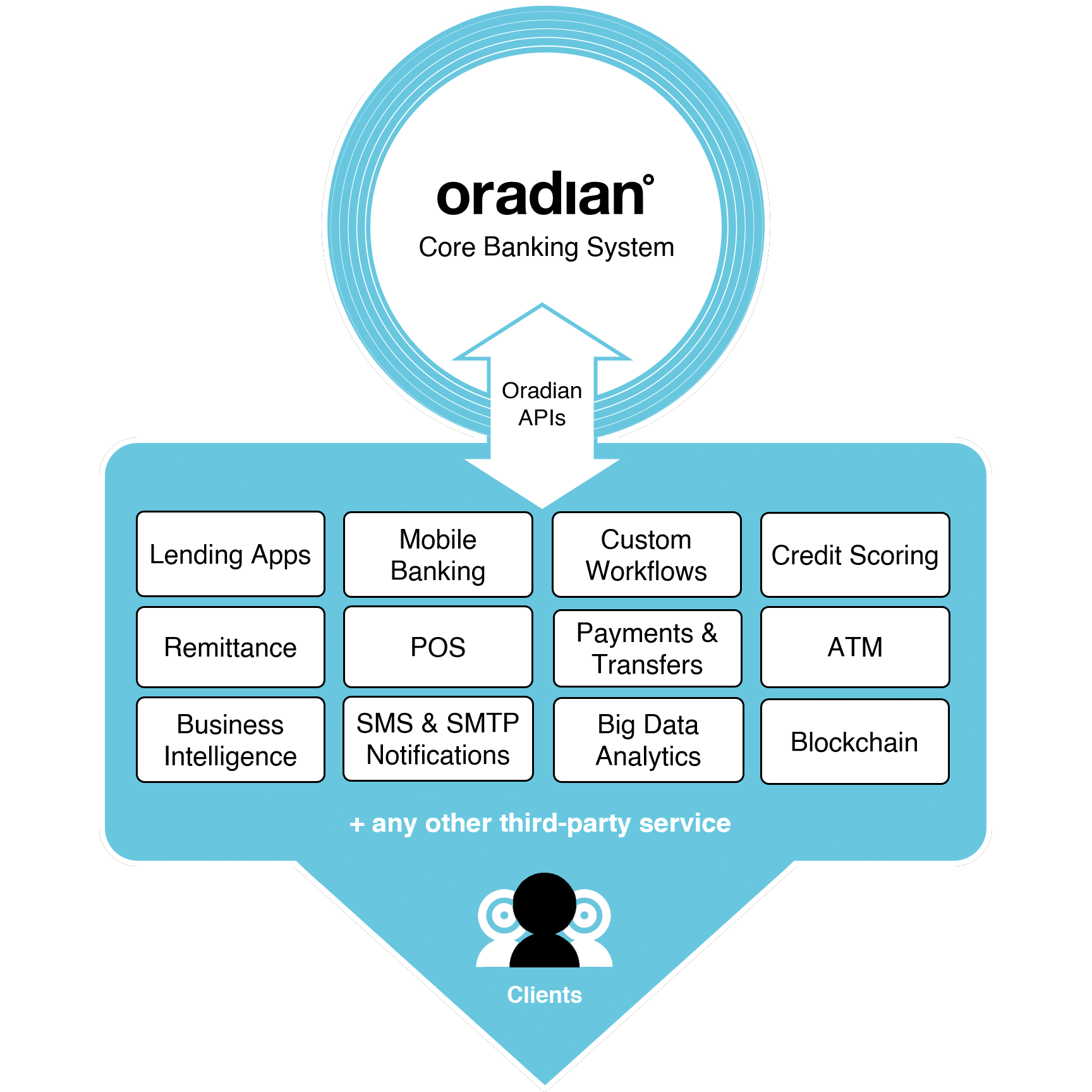 Graphic showing how Oradian's solution is able to connect via API's to third party providers