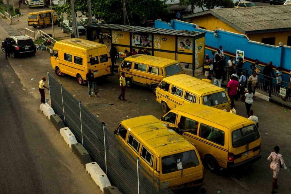 Yellow buses stuck in traffic in Nigeria